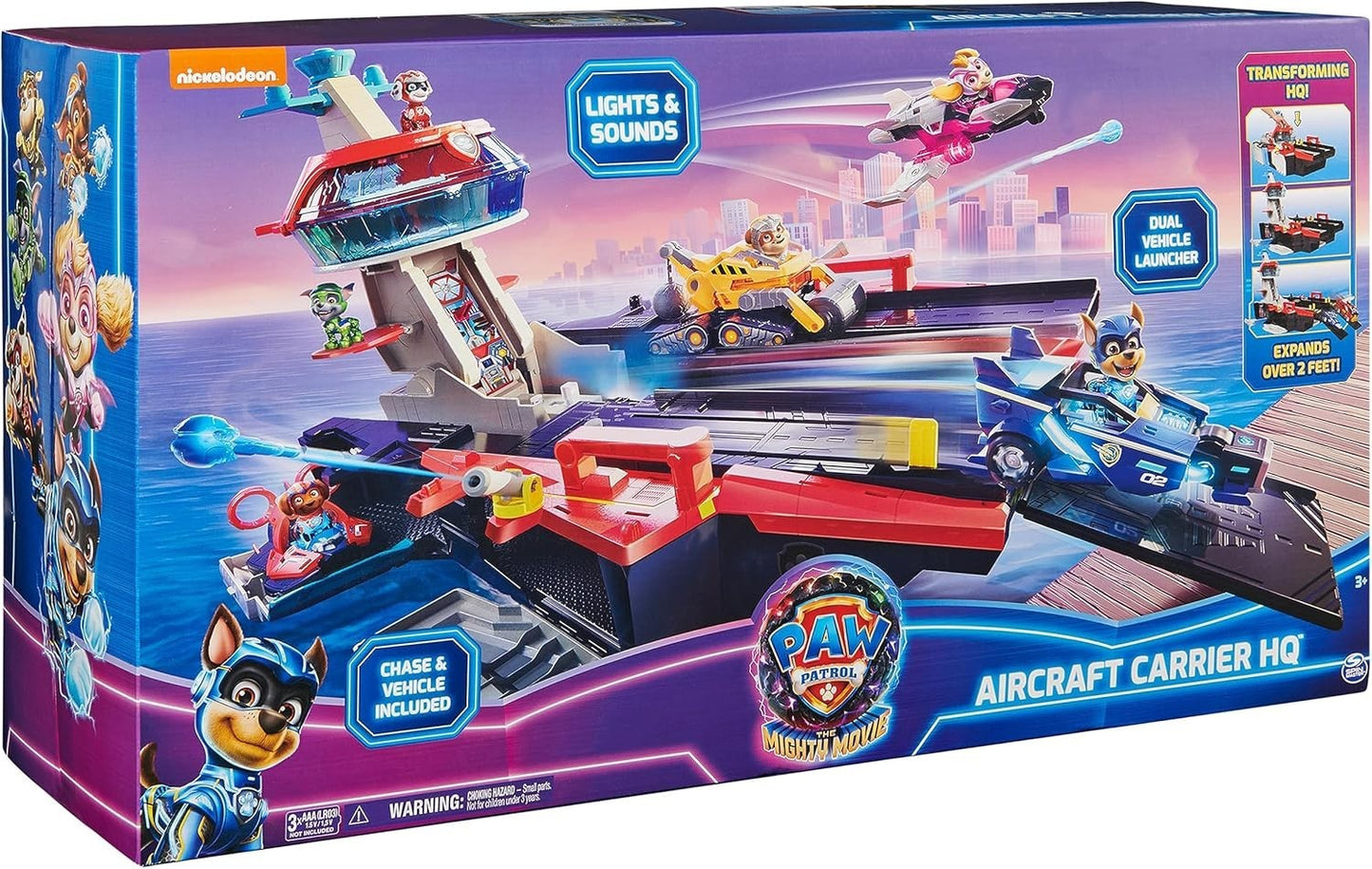 PAW Patrol The Mighty Movie, Aircraft Carrier HQ, Chase Figure & Police Car