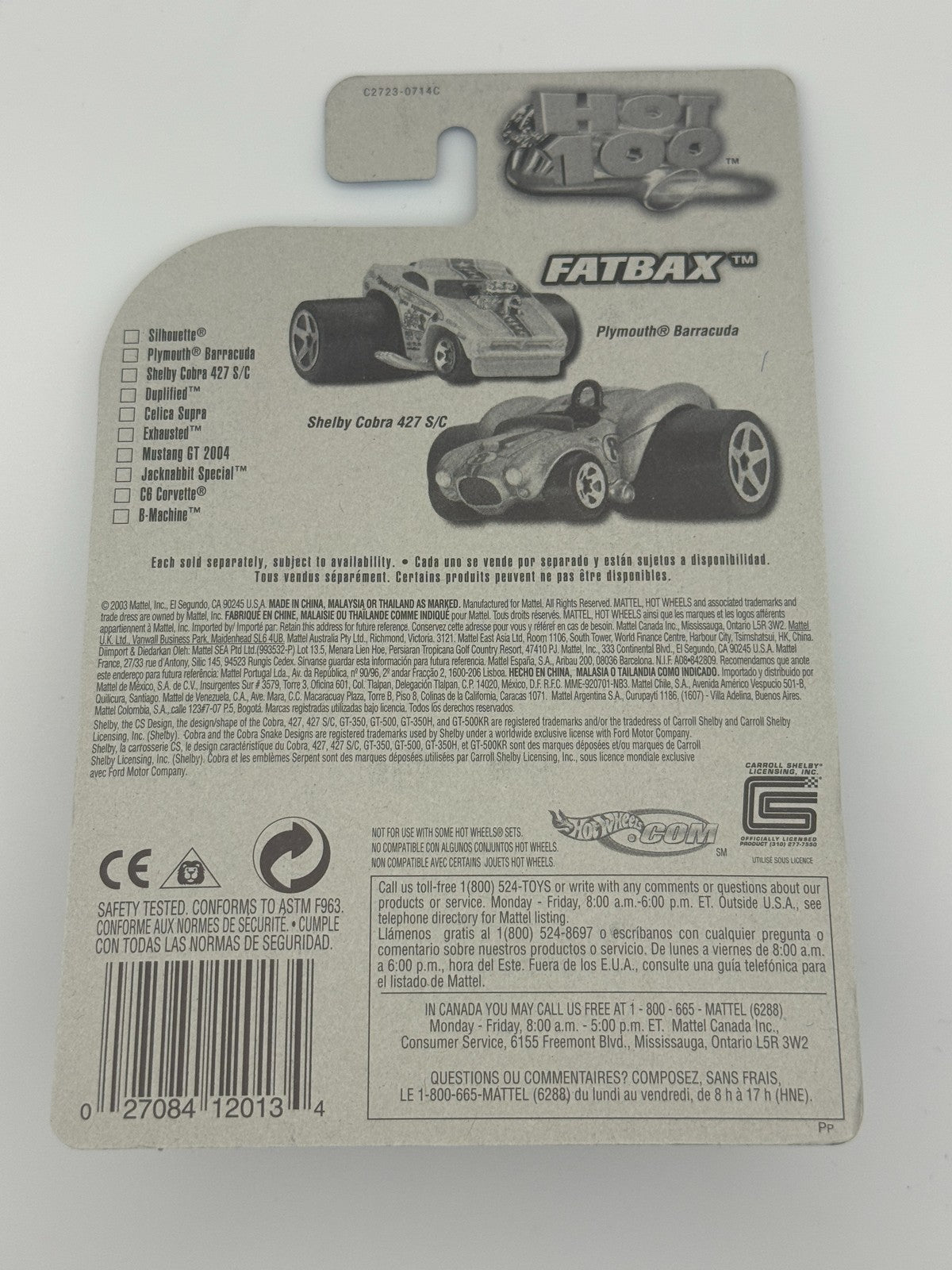 HW Fatbax Shelby Cobra 427 S/C 2004 1st Edition Factory Set 2004 w Protector